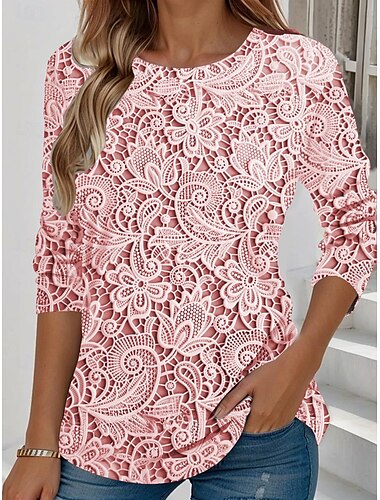  Damen T Shirt Blumen Grafik Vintage Stilvoll Klassisch Langarm Rundhalsausschnitt Normale Oberteile Täglich Wochenende Druck Rosa Blau Purpur Grün cremefarben Sommer