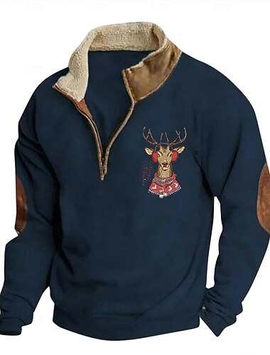  Herren Sweatshirt Viertelreißverschluss Sweatshirt Schwarz Marineblau Braun Grau Halber Reißverschluss Farbblock Rentier Halber Reißverschluss Druck Sport & Outdoor Täglich Ferien Polyester Vintage