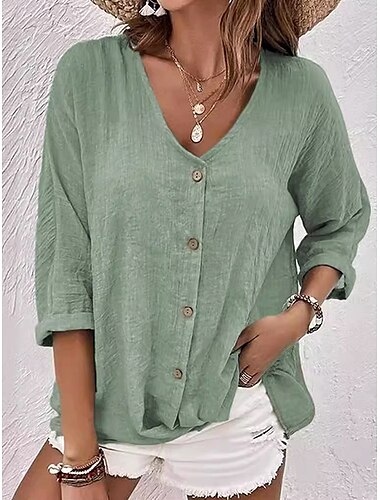  Damen Hemd Bluse Einfarbig Einfach Bohemien Täglich Stilvoll Dreiviertelarm V Ausschnitt Normale Oberteile Täglich Ferien Ausgehen Knöpfe Salbeigrün Blau Khaki Rosa Sommer Frühling Herbst