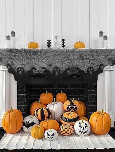  ハロウィン飾りレース黒蜘蛛の巣暖炉マントルカバースカーフ蜘蛛の巣テーブルランナーウォールステッカー、yomiieデカールお祝いキッチン装飾パーティー用品装飾