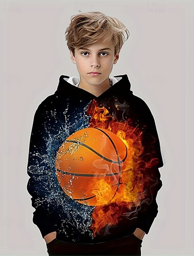  Pojkar 3D Basket Huvtröja Långärmad Vår Höst Mode Streetwear Barn 4-12 år Huva Utomhus Ledigt Dagligen Normal
