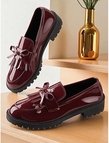  Burgunderrote Loafer aus Lackleder für Damen mit Quaste und Schleife, flache Vintage-Schuhe für legere Verabredungen und den Alltag