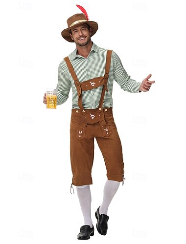  Karneval Oktoberfestbier Kostüm Lederhosen Hemd Alpenhut Bayerisch Deutsch Wiesn Herren Stoff im traditionellen Stil Bluse Shorts Hut