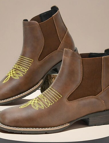  Botas Chelsea marrons para homens com costura amarela - design confortável em couro sintético, perfeitas para uso no escritório, eventos casuais e atividades de fim de semana