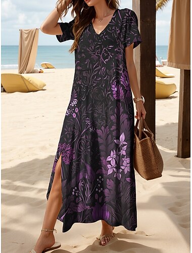  Femmes Robe maxi Robe Tricot Robe Décontractée Robe d'Été Robe trapèze Élégant Vacances Occasionnel Plage Coupe régulière Fleuri Graphique Feuille Manche Courte Col en V Rouge Bleu Violet Vert Ét