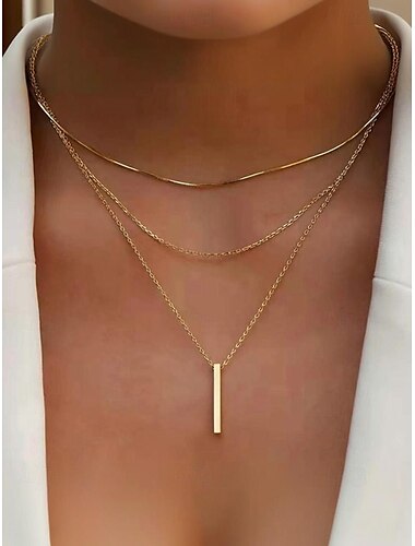 Collar con colgante de barra de oro en capas para mujer, joyería minimalista de cadena de múltiples hilos para uso casual, de oficina y de noche.