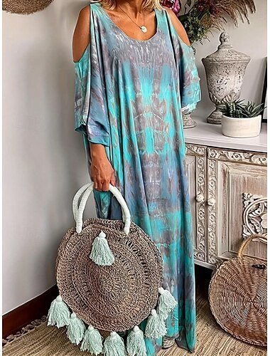  Dames Maxi-jurk Off-the-shoulder jurk Vakantie Casual Boho Feest Uitgaan Strand Grafisch Abstract Korte mouw Ronde hals blauw Zomer Lente Herfst