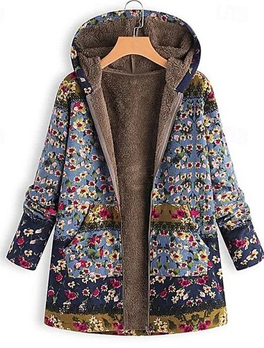  Damen Fleecejacke Mantel Kapuzenjacke Warm Bequem Reißverschluss Tasche Mode Modern Lässig Blumen Ausgehen Wochenende Reisverschluss Regulär Mit Kapuze Normale Passform Langarm Oberbekleidung Blau