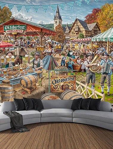  Гобелен Oktoberfest Баварский стенд с изображением кренделей и пива Большое искусство декор фото фон фестиваль вечеринка