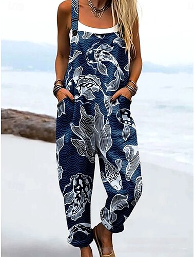  Damen Overall Aktiv Blumen Ärmellos Kordelzug Urlaub Straße Lässiger Schnitt Marineblau Königsblau Khaki Sommer