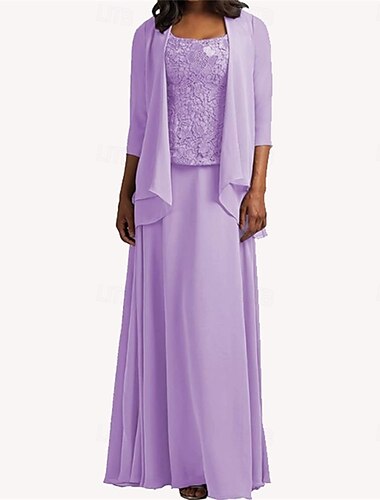  Ensembles de Robes Robe de Mère de Mariée  Élégant Simple Col Rond Longueur cheville Chiffon manche longue avec Couleur Unie 2025