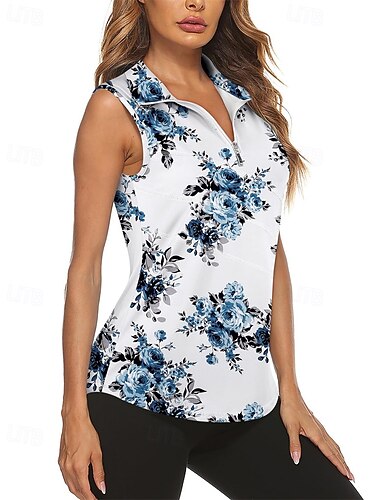  نسائي الرسم الأزهار النباتية قميص رياضي قميص بولو قميص تنس بدون كم سحاب عالية المرونة رطوبة فتل متنفس تينس الغولف مخلل الكرة طوي طوق بسحاب قميص قمم أزرق ملابس التنس