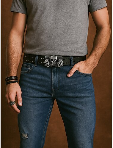  Herren-Ledergürtel mit Totenkopf-Nieten und Skelett- und gekreuzten Knochen-Design, Vintage-Gothic-Stil für Halloween-Partys, Punk-Mode und Freizeitkleidung