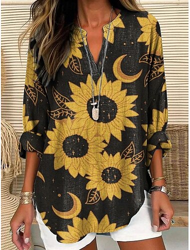  Damen Hemd Blumen Stilvoll Modern Langarm V Ausschnitt Normale Oberteile Täglich Ferien Knöpfe Druck Schwarz Gelb Rosa Purpur Orange Sommer