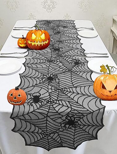 ハロウィーンのポリエステル製テーブルクロス、テーブルランナー1枚 - 風変わりなクモの巣のレースデザインで、休日の集まりのゴシックな装飾に。暗いナプキンで部屋の雰囲気を変え、秋、クリス