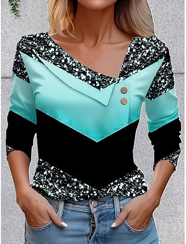  Women's T Shirt Graphic Geometric Vintage Stylish Basic Long Sleeve Asymmetric Neck Regular Tops Daily Going out Weekend Buttons Pink Blue Purple Green Summer Spring