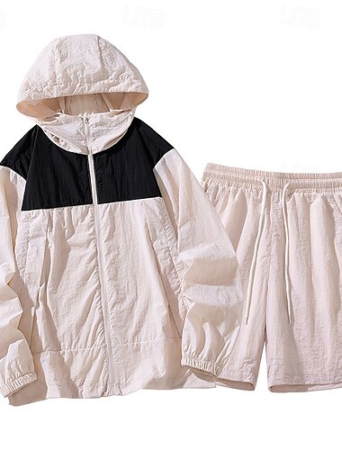  Herren Trainingsanzug Sport-Set 2 teilig Sportlich Langarm Sonnenschutz Atmungsaktiv Schnelltrocknend Sportbekleidung Sportkleidung Farbblock Rosa Blau Purpur