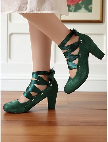  Chaussures Mary Jane à talons en satin vert Gatsby vintage des années 1920 - Chaussures à talons épais inspirées du rétro pour des goûters ou des tenues Gatsby vintage