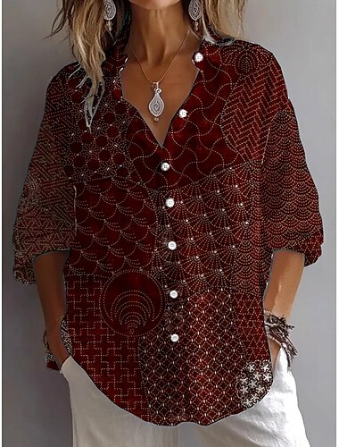  Damen Hemd Bluse Grafik Geometrisch Paisley-Muster Vintage Täglich Western Langarm Hemdkragen Normale Oberteile Täglich Ferien Ausgehen Knöpfe Kastanienbraun Marineblau Purpur Grün Sommer Frühling
