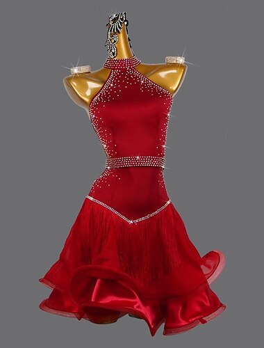 Latein-Tanzkleid mit Strassquaste für Damen, ärmellos, für Party, Samba, Chacha, Bühnentanz