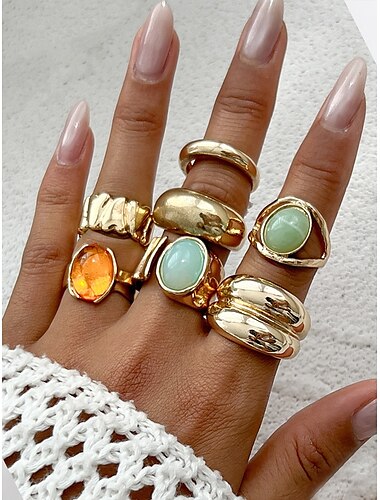  Damen-Ringset aus Gold im Vintage-Stil mit Edelsteinen – mehrteiliges Set aus auffälligen, klobigen Ringen mit gehämmerter Textur und bunten Harz-Edelsteinen, geeignet für Büro, Vintage-Mode, Party und den Alltagsstil