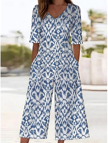  Dames Normaal Jumpsuit Actief Abstract Halve mouw Breed Been Ronde hals Zak Afdrukken Vakantie Dagelijks Normale pasvorm blauw Zomer