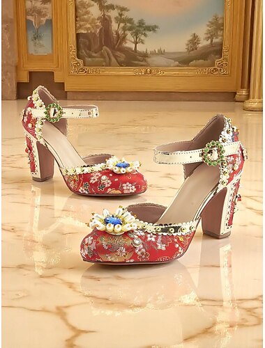  Rote Pumps mit Blumenstickereien und Perlen- und Edelsteinakzenten für Damen – klobige Blockabsätze im Vintage-Stil der 1920er Jahre für besondere Anlässe, Hochzeiten und Partys