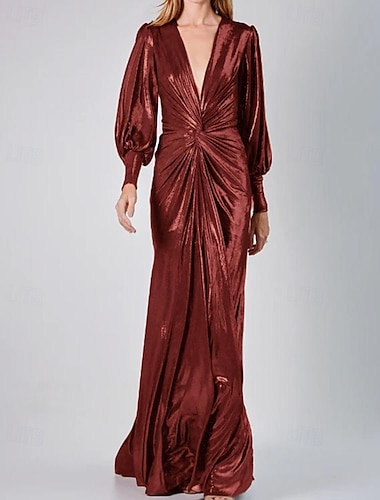  goldenes Abendkleid im Meerjungfrauen-/Trompeten-Stil, elegantes Kleid für formelle Hochzeiten, bodenlange, lange Puffärmel, tiefer Ausschnitt, Stretch-Lurexstoff mit Rüschen, 2025