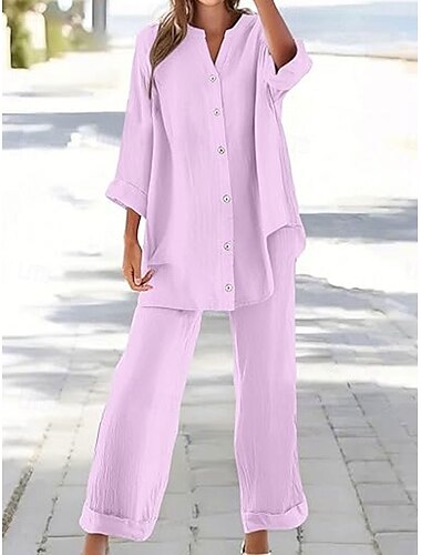  Damen Mode Streetwear Täglich Hosen-Sets Langarm Hemdkragen Einfach Urlaub Lässig Täglich Gelb Rosa Blau Frühling Lässiger Schnitt