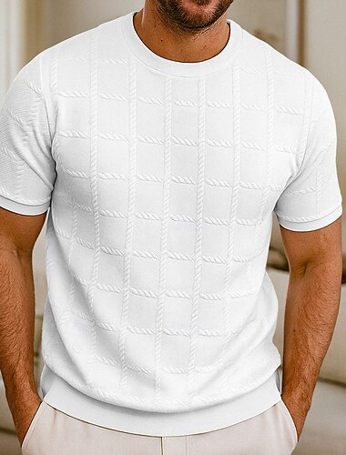  男性用 ワッフルTシャツ Tシャツ 半袖シャツ ティートップ 半袖 クルーネック 夏 オールシーズン 平織り ファッション デザイナー ベーシック ジャカード バケーション ストリート カジュアル ブラック ホワイト メンズトップTシャツ