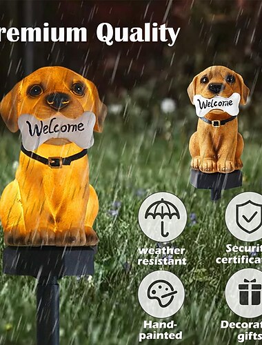  Statua di Cane Alimentata a Sole per Giardino di Natale Luci per Cortile e Giardino Simpatico Cucciolo Benvenuto Impermeabile Arte da Giardino per Patio Prato