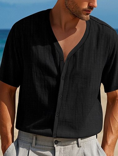  Herren Hemd Sommerhemd Freizeithemd Strandhemd Knopfhemd Schwarz Weiß Marineblau Kaki Hellgrau Kurzarm Einfach V Ausschnitt Urlaub Hawaiianisch Bekleidung Polyester Mode Lässig Bequem