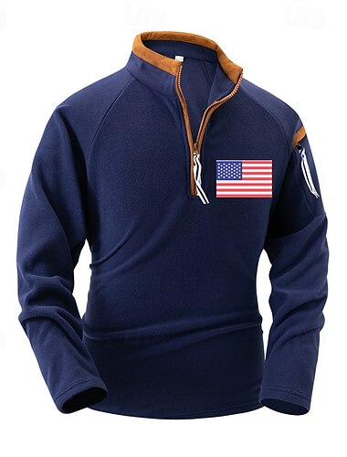  Hombre Sudadera Sudadera con un cuarto de cremallera Negro Azul Marino Color Camello Media cremallera Bandera estadounidense de los Estados Unidos Deporte Diario Festivos Poliéster Ropa de calle
