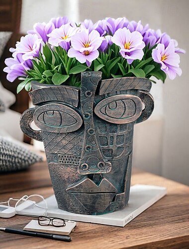  Pot de fleurs de beauté abstraite brutaliste, jardinière en résine de bronze, sculpture artistique de visage humain pour la décoration de patio de jardin à la maison