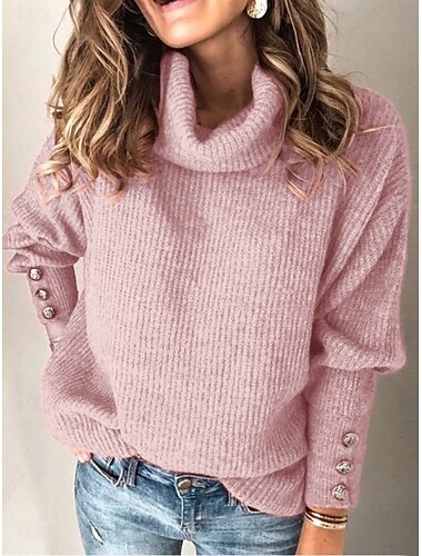  Damen Pullover Lässig Weich Einfarbig Gerippt Rollkragen Knöpfe Gestrickt Langarm Normale Oberteile Stricken Outdoor Täglich Wochenende Weiß Rosa Herbst Winter