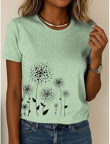  Damen T Shirt Blumen Grafik Pflanzen Lässig Kurzarm Rundhals Normale Oberteile Täglich Ausgehen Wochenende Druck Blau Purpur Grün Khaki Sommer