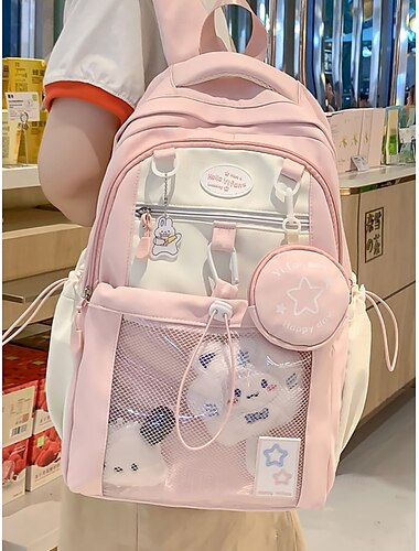  女性用のかわいいベージュのバックパック - 撥水性、マルチポケット、学校や普段使いにぴったりのスイートなスタイル ブラック イエロー ピンク