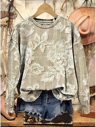  Mujer Sudadera Floral Cálido Vintage Estilo lindo Manga Larga Cuello Barco Tops regulares Hogar Calle Uso Diario Estampado Gris Oscuro Caqui Primavera Otoño Invierno