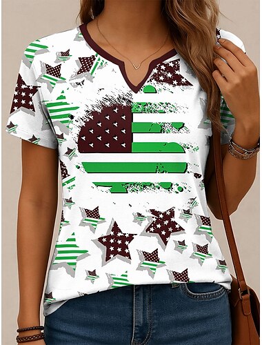  独立記念日 女性の愛国的な7月4日 Tシャツ グラフィック フラッグ ヴィンテージ スタイリッシュ クラシック ショートスリーブ ノッチネック レギュラー トップス デイリーホリデー ウィークエンド プリント 赤 ネイビー 青 紫 緑 夏 春
