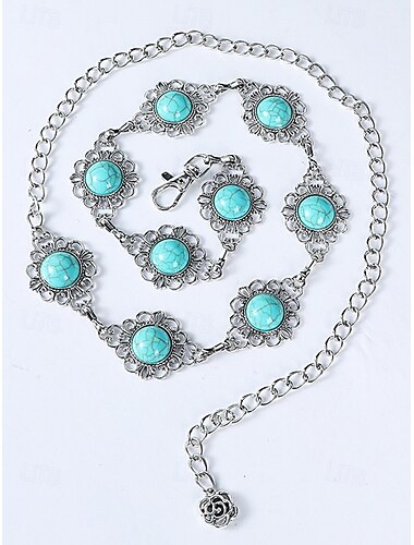  Türkisfarbener Concho-Kettengürtel für Damen – verstellbarer Western-Taillenschmuck im Vintage-Boho-Stil für Kleider, Festivals und Partys