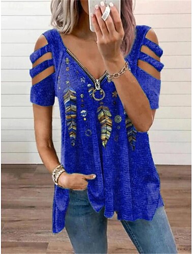  Damen Bluse Feder Stilvoll Lässig Halbarm V Ausschnitt Normale Oberteile Täglich Patchwork Ausgehöhlt Reißverschluss Schwarz Blau Orange Grün Sommer Frühling