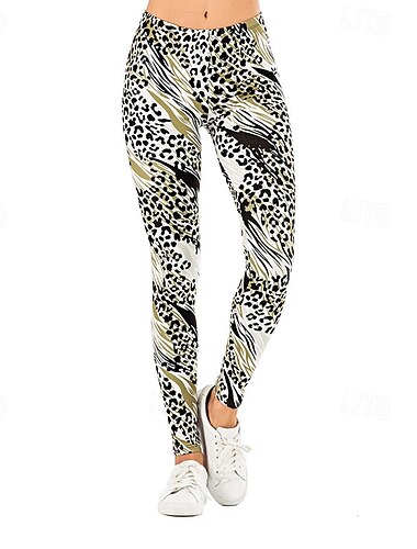  Damen Stoffhosen Leggings Streetwear Lässig Volle Länge Natürliche Taille Leopard Elastischer Bund Druck Bequem Außenbereich Urlaub Ferien Ausgehen Hellhimmelblau Gelb Hellgrau Herbst Normale Passform