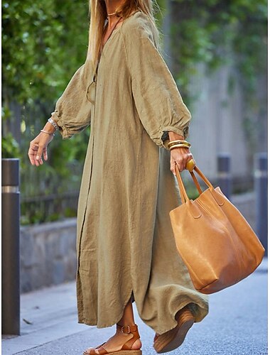 Damen Maxikleid A Linie Kleid Sommerkleid Lässig Täglich Normale Passform Einfach Langarm V Ausschnitt Schwarz Weiß Braun Grau Sommer