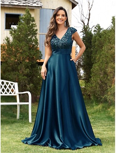  A vonalú Quinceanera ruhák elegáns ruha hivatalos esküvői földig érő ujjatlan V nyakú selyem flitterekkel