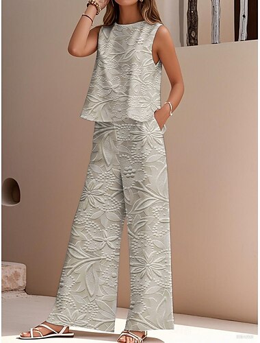  Elegante Damenmode Streetwear Zweiteiler Bluse Weste Hose Ärmellos Rundhalsausschnitt Outdoor Arbeit Casual Blumendruck Urlaub Alltag Urlaub Rosa Blau Grün Sommer Regular Fit