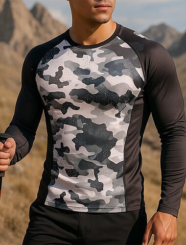  Hombre Top para correr Camiseta para senderismo Sudadera para senderismo Manga Larga Cuello Barco Camiseta Al aire libre Transpirable Secado rápido Ligero Elástico Pullover Poliéster camuflaje Negro