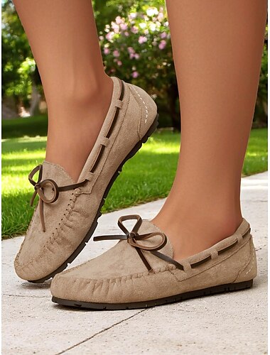  Damen-Mokassin-Loafer mit Schleife – bequeme Slipper zum Hineinschlüpfen für Freizeitausflüge, Gartenspaziergänge, Bierfeste und Frühlingspicknicks