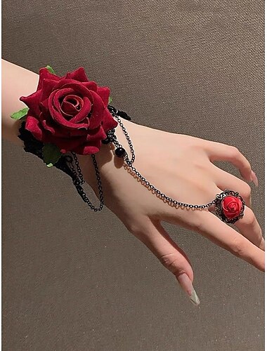  Gothic-Rosenarmband- und Ringset für Damen, rote Stoffblume mit schwarzer Spitze und Kette, perfekt für Halloween-Partys, Cosplay und Vintage-Gothic-Outfits