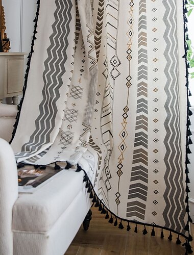  Boho Katoen Linnen Gordijnen met Kwasten Geometrisch Semi Blackout Print Farmhouse Bohemian Raamgordijnen voor Woonkamer Rod Pocket Drapes 1 Paneel