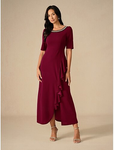  Damen Maxikleid Rüschenkleid Elegant Normale Passform Einfarbig Kurzarm Rundhalsausschnitt Wein Sommer Frühling Herbst